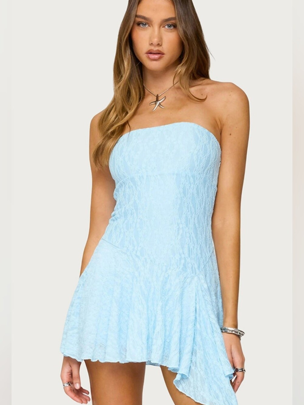Edikted Elaia Light Blue Strapless Asymmetrical Lace Mini Dress SZ XS